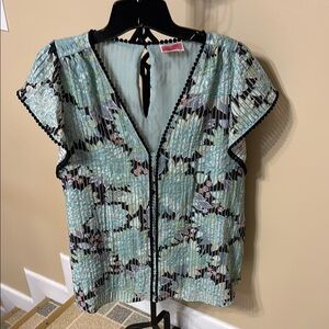 Kate Spade Green Sequin Flutter Sleeve Blouse